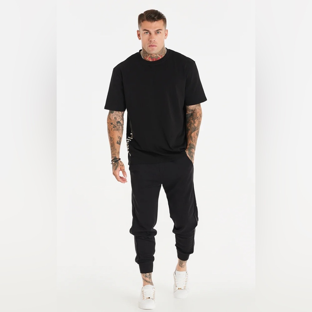 SIKSILK: Black‎ Script Logo Panelled Trousers